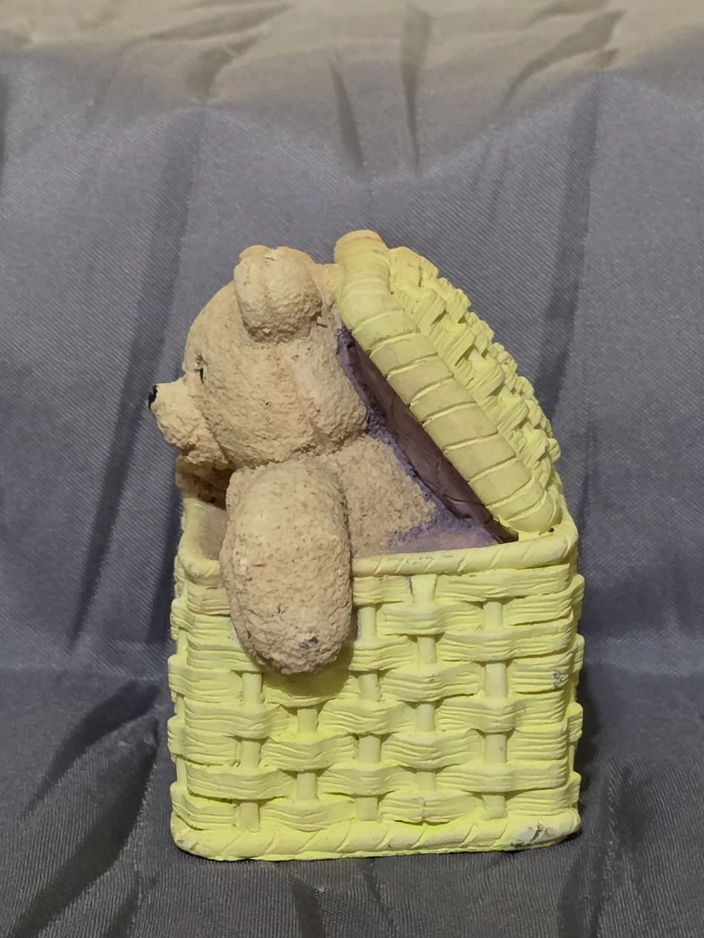 Vintage Lipco Teddy Bear in Yellow Woven Basket Decorative Accent